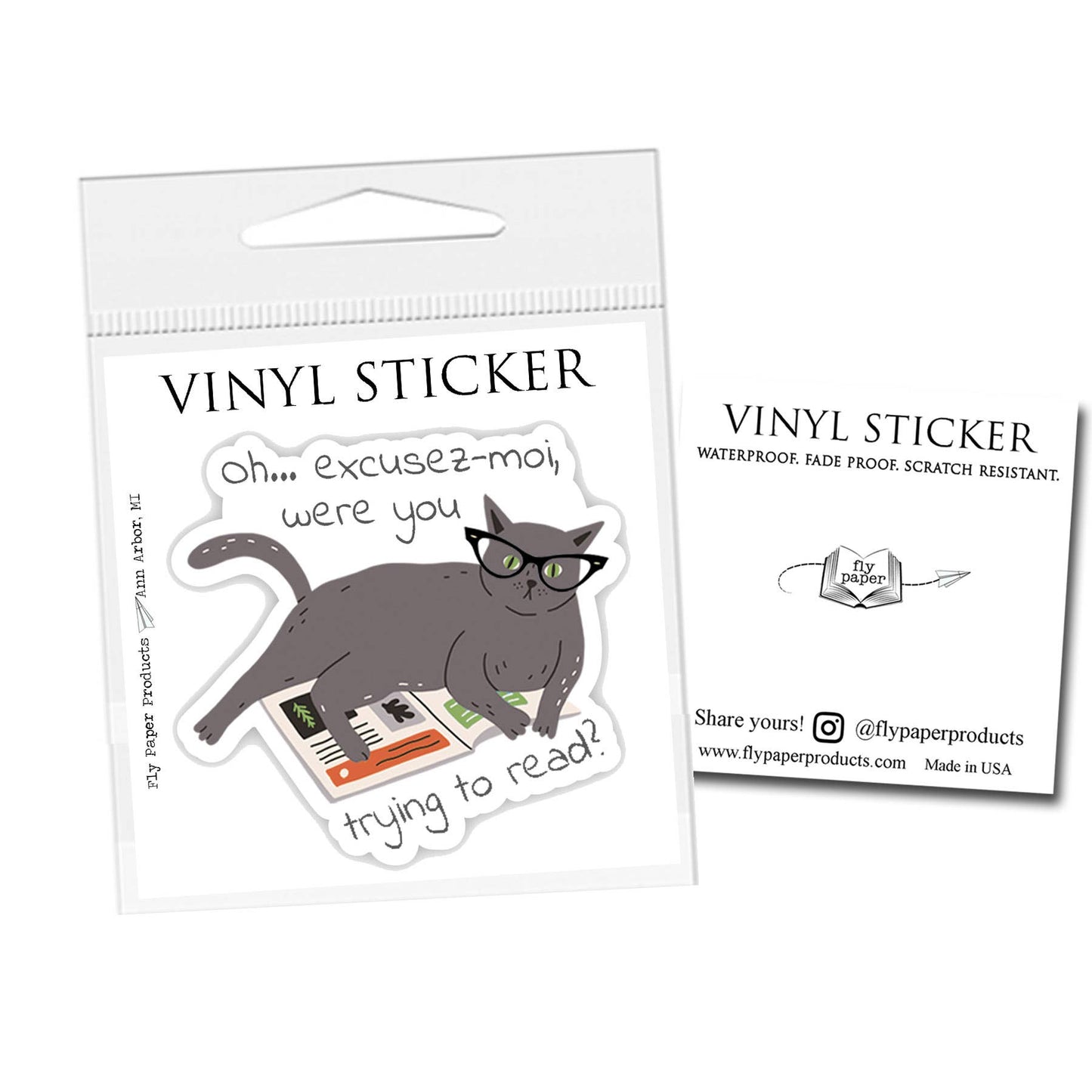 Autocollant en vinyle « Chat féroce et fougueux lisant »
